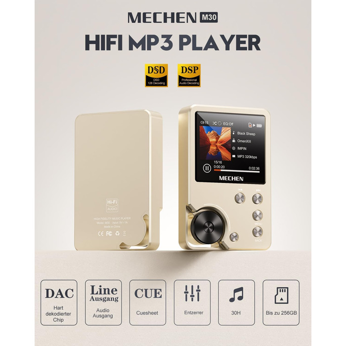 MECHEN M30: Аудіоплеєр Hi-Res MP3, DSD FLAC DAC з 64GB, підтримка до 256GB (Золотий)