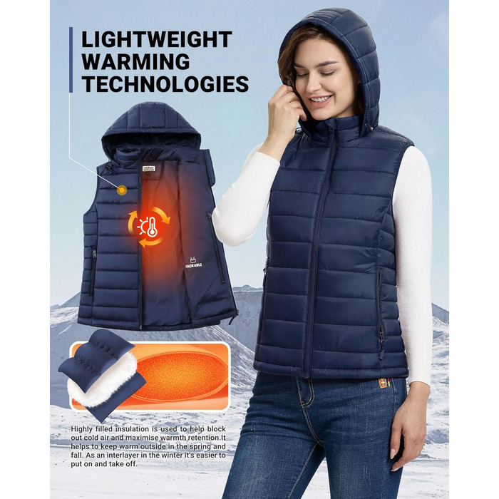 Стьобана жилетка Outdoor Ventures для жінок з капюшоном, гібридна спортивна жилетка для туризму, кемпінгу та велоспорту, темно-синій, XXL