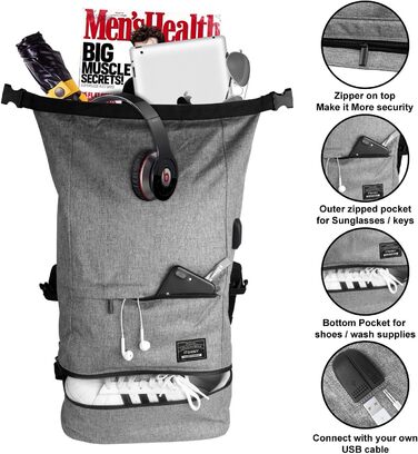 Sports Bag for Men Women, Crossbody Bag for the Gym, Travel Backpack, Gym Bag 3 in 1 Design with Shoe Compartment, Waterproof and Lightweight Gym Bag (Gray)