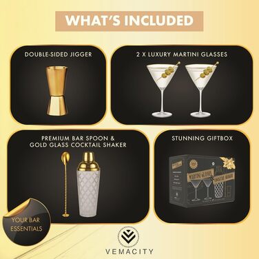 Набір для коктейлів Vemacity: шейкер (500 мл) + 2 келихи Еспресо Мартіні з золотим обідком, барна ложка, джиггер | Набір бармена | Келихи та шейкер для коктейлів | Ідеальний подарунок на Різдво та Новий рік. Золотий шейкер, класичні келихи Мартіні з рифле