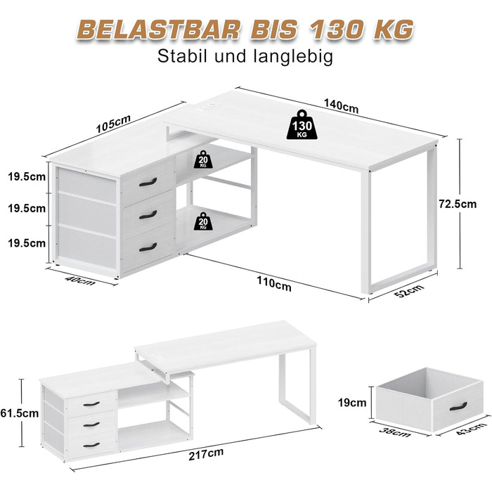 TriumphKey L-Shaped Desk with 3 Drawers & Storage, 140 x 105 x 75 cm - Reversible Corner Desk with USB Charging Ports & Power Outlets, White