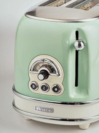 Тостер Ariete Vintage 155, 2-слайсовий, ретро, 6 режимів, автоматичний викид, розморожування, зйомний піддон, нержавіюча сталь, щипці для сендвічів, 810 Вт, зелений