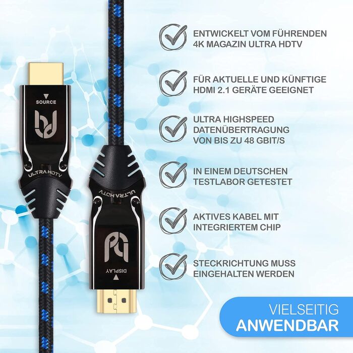 HDMI кабель 8K Ultra HD 5 метрів - Висока швидкість 2.1, 48 Gbps, підтримка 8K@60Hz, 4K@120Hz, DTS:X, HDCP 2.2/2.3, HDR10+, eARC, Premium