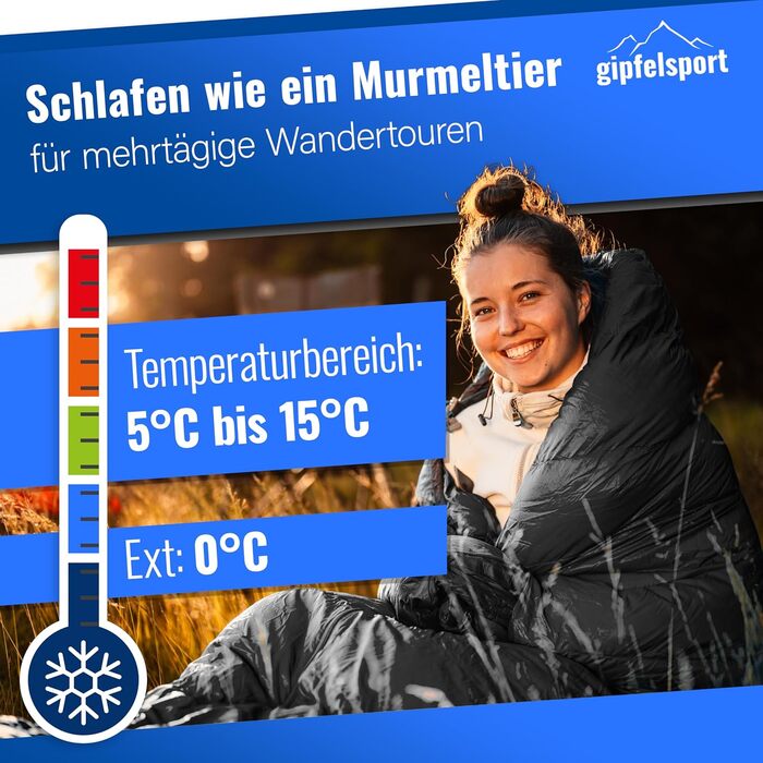 Сплячий мішок Gipfelsport Ultraleicht 4 сезони [-20°C - 15°C] | Ultralight, чорний, для трекінгу, кемпінгу та подорожей