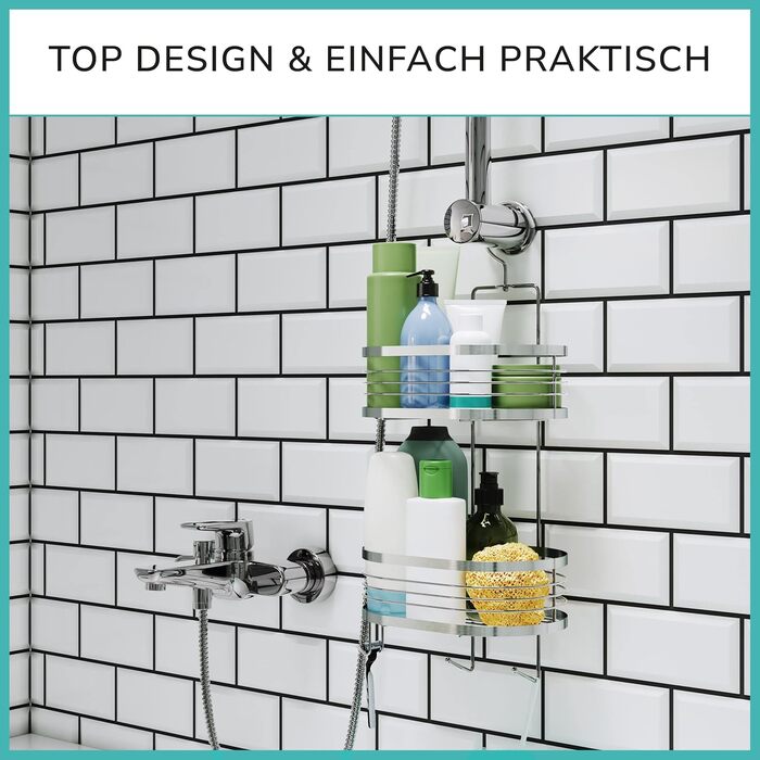 Shower shelf for hanging with 3-fold anti-rust protection incl. free razor holder, suction cups & spacers - Flexible hanging shower basket - Premium hanging shower shelf without drilling