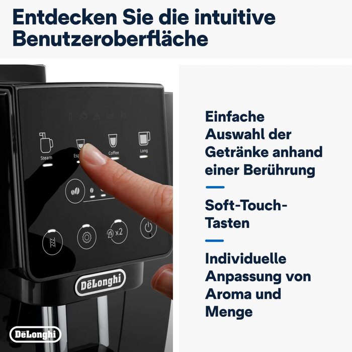 De'Longhi Magnifica Start ECAM222.20.B, fully automatic coffee machine with milk frother, for cappuccino, with espresso direct selection and 2x espresso function, 13-stage conical grinder, 1450 W, Black. Fully automatic coffee machine with touch display.