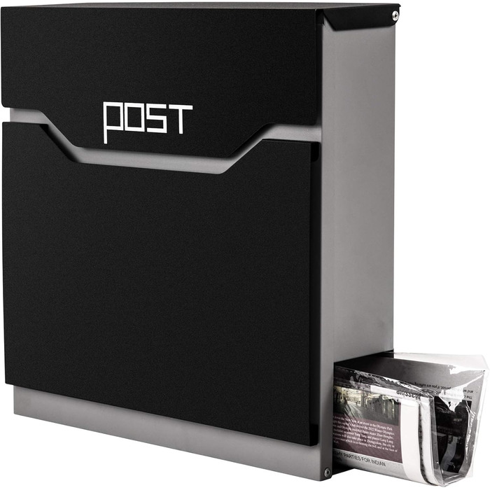 Поштова скринька Arebos сучасного дизайну настінна, з газетницею, чорна - стійка до погодних умов, з ключами та кріпленням