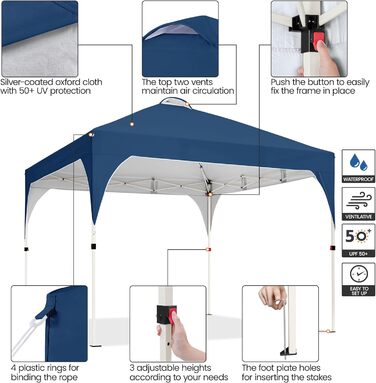 Yaheetech Folding Gazebo 2.4 x 2.4 m Pop-Up Gazebo, Adjustable Height Garden Gazebo, Waterproof & Sun Protection Party Tent Garden Tent with Rolling Carry Bag for Outdoor Market Garden Yard, (Navy Blue, 3x3m)
