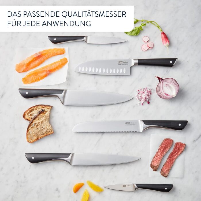 Набір кухонних ножів Jamie Oliver by Tefal (6 предметів): шеф-ніж, ніж Сантоку, ніж для хліба, універсальний ніж, ніж для овочів + блок з акації, сталь, коричневий K267S556