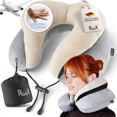 Преміальна подушка для шиї RELAXX Memory Foam L для подорожей – ортопедична подушка для літака, авто, поїзда, автобуса, ергономічне шийне ортопедичне подорожнє подушка для дорослих