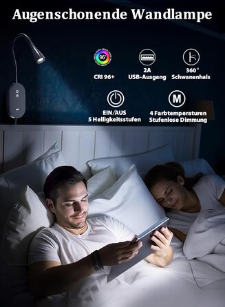 Нічна LED лампа для читання Wandleuchte з USB, 5 рівнів яскравості, сенсорне управління, гнучкий кронштейн, автовимкнення (Чорна)