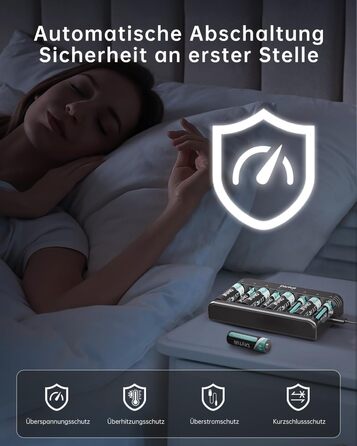 Зарядний пристрій Dlyfull для акумуляторів AAA/AA, 8-канальний зарядний пристрій з LED-дисплеєм, 5V/2A USB-C, для NI-MH/NI-CD, чорний