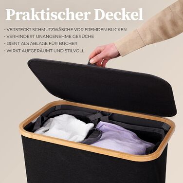 HENNEZ Laundry Basket with Lid, 2 Compartments, Slim Laundry Basket, Black, 141L Laundry Bag - Laundry Sorter, Anthracite Laundry Box, Laundry Bin, Black Laundry Collector with Lid, Laundry Chest, Dark Laundry Baskets
