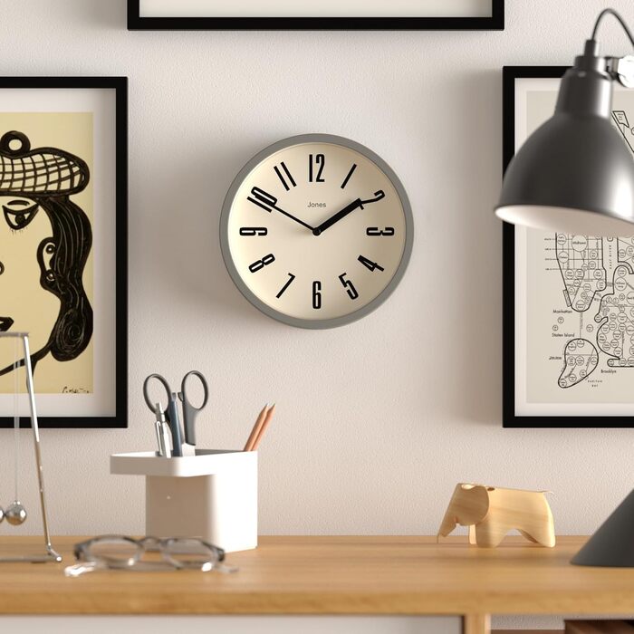 JONES CLOCKS® Hot Tub Wall Clock | Small Retro Round Clock | 20cm | Easy-to-read numbers | Ideal for kitchen, office, kids' room or any small space (Gray)