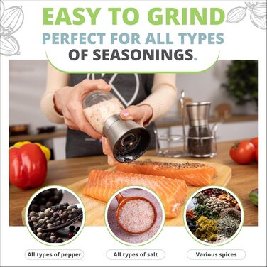 Набір з 2 шт. мельниць для солі та перцю Oliver's Kitchen® - преміум керамічні жорна, велика ємність, регульований ступінь помелу, ручний дозатор