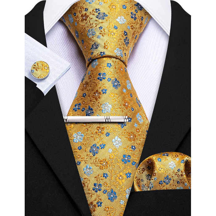 Набір краваток Barry.Wang для чоловіків: 4 шт. (краватка, кишеньковий хустинка, краваткові затискачі, затискач), класичний сатин, жовтий квітковий принт, для весілля та офіційних заходів