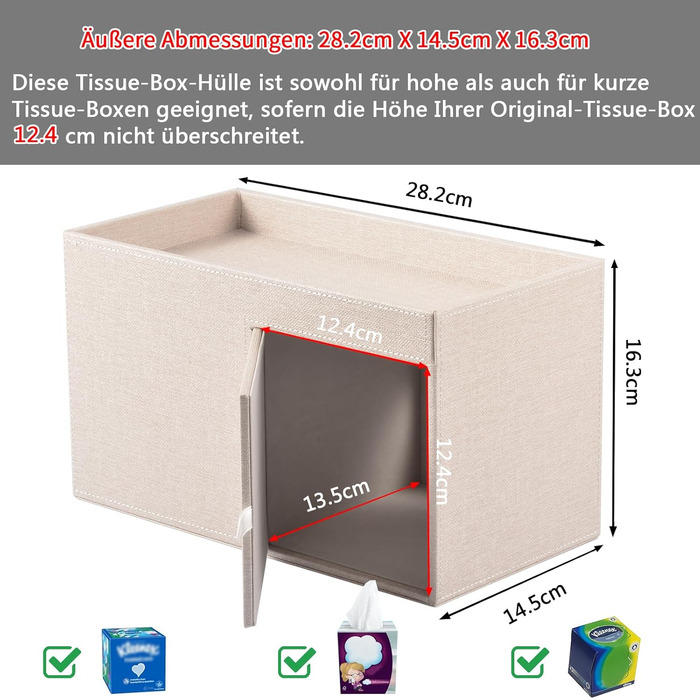 Tissue Box Linen with Drawers, Square Cosmetic Tissue Box with Magnetic Closure, Tissue Box with Side Pocket for Mobile Phones, Cosmetic Brushes, Remote Controls, Office Supplies, Perfumes (Beige)
