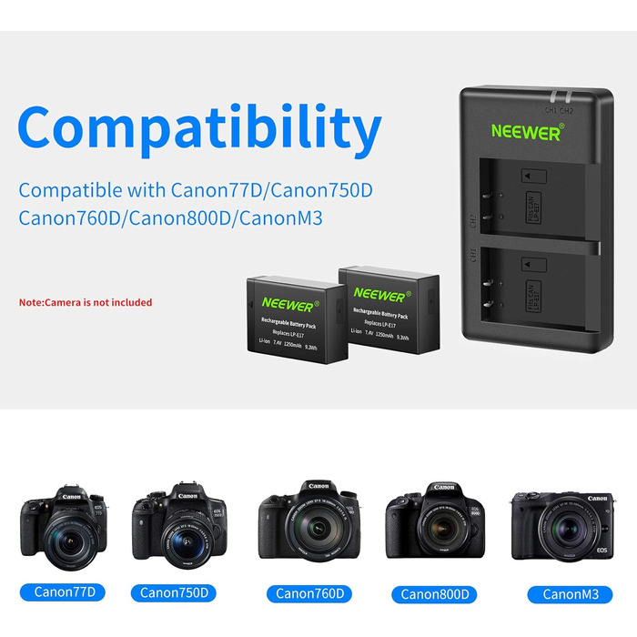 Запасний акумулятор Neewer для Canon EOS 7D Mark II та інші моделі, 2 шт. 2000mAh, комплект з зарядним пристроєм (LP-E17)