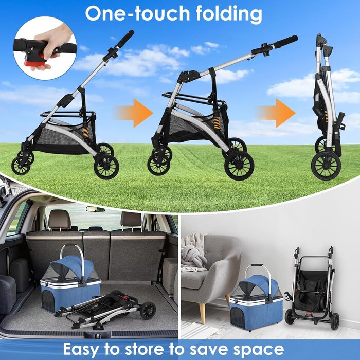 Візок для собак Mamizо 3-в-1: візок, переноска, сумка, до 20 кг, з відкидною конструкцією, 360° колеса, колір срібно-блакитний