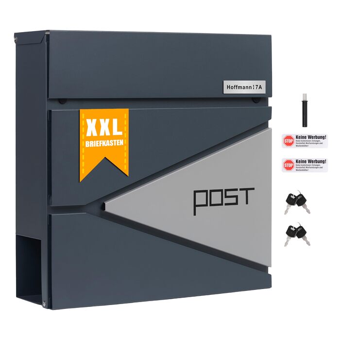 Поштовий ящик Zedelmaier XXL з нержавіючої сталі, індивідуальне гравіювання, 35x35 см, 4 ключі, для листів B5/C4, RAL 7016 Антрацит