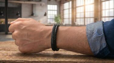 Чоловічий шкіряний браслет Baresi STEEL MB-0022: подвійний шнур, магнітний замок, регульований (19.5-21 см), чорний. З подарунковою упаковкою