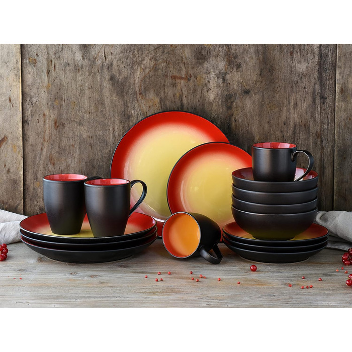 CreaTable Серія HOT GREEN: 16-частинний набір посуду з кераміки, комбінований сервіз, придатний для миття в посудомийній машині та використання в мікрохвильовій печі, преміум-якість