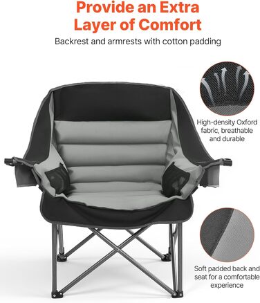 Кемпінговий стілець VEVOR великий, складний - до 204 кг, з підсклянниками, для риболовлі, пікніка, чорно-сірий