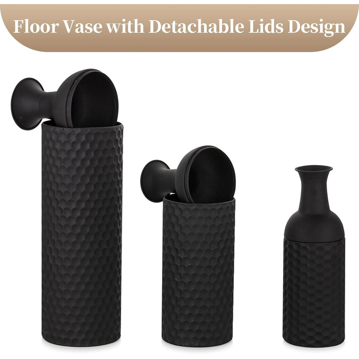 Vintage Black Tall Floor Vase Set of 3 - 68/51/41cm Metal Honeycomb Texture Matte Decorative Vase for Living Room, Dining Room, Bedroom, Office & Home Décor