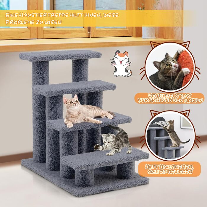 Сходинка для тварин GOPLUS: дерев'яна драбина-сходинка для котів та собак, котячий будиночок, кігтеточка, сірий колір