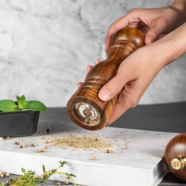 Bill.F Salt and Pepper Grinder Set, Wooden Pepper Grinder 2-Piece Set Manual Salt and Pepper Shakers Grinder Refillable 7 inches with Adjustable Ceramic Grinding Rotor