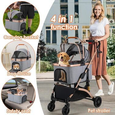 Візок для собак Mamizо 3 в 1: візок, переноска, сумка, до 20 кг, сірий