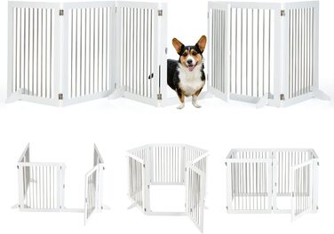 Захисне ґратка для собак COSTWAY, 6-секційне, з дверцятами, 80 см, з нержавіючої сталі та дерева, для каміну/сходи, біле