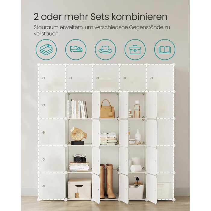 SONGMICS Regal System, Shoe Rack, Set of 16 Cubes, Plastic Closet Organizer with Doors, Modular Shelf, Storage for Clothes, Shoes, and Books, Easy Assembly, LPC443G01 (16 Cubes (123B x 123H cm), Cream White)