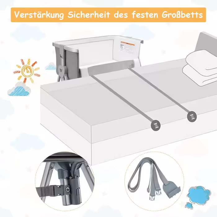 COSTWAY 2-in-1 Side Sleeper Bed & Travel Bed, Folding, Baby Cot with 7-Level Adjustable Height, Portable Baby Bed with Safety Belt, Mesh Windows, Mattress, Under-Bed Basket & Wheels (Dark Grey)