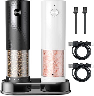 Електричні мельниці для солі та перцю 2 шт. з USB-C зарядкою, регулюванням помелу, LED-підсвічуванням, керамічним жорном та стійкою підставкою – чорний та білий