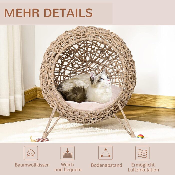 PawHut Rattan Cat House with Cushion, Cat Sleeping Place, Cat Cave with Raised Feet, Natural Ø52 x 58 cm