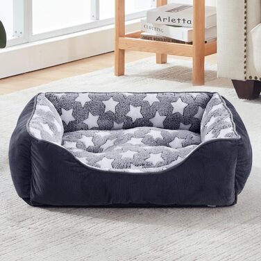 FURTIME Dog Bed - Medium Dogs, Dog Basket, Washable Dog Basket, Non-Slip Dog Beds, Fluffy Dog Mattress with Raised Edges, Soft Dog Sofa for Dogs, Cats - Black/Stars (M (63x53x20cm))