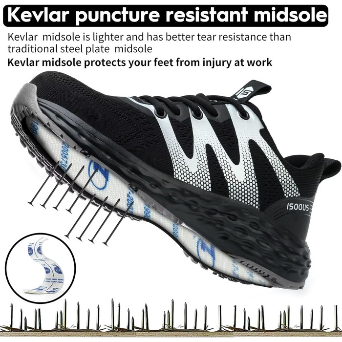 Черевики робочі ISOOUS для чоловіків та жінок. Безпекові черевики з металевим капом, антиковзаючі, дихаючі, спортивного стилю (37 EU, Чорний)