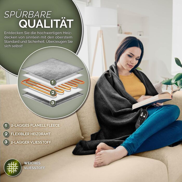 Електрична гріюча ковдра Sinnlein® з плюшу | 200 x 180 см, чорна | 9 температурних режимів, таймер, автовимкнення, прання до 40°C, цифровий дисплей