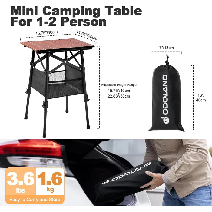 Складний алюмінієвий стіл для кемпінгу Odoland з регульованою висотою та сумкою для зберігання (40x30x40-58 см)