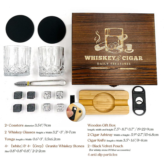 Набір для віскі Daily Treasures: келихи, камені та аксесуари (дерев'яний попільничка, різьблений ніж), подарунковий набір для чоловіків, на День батька