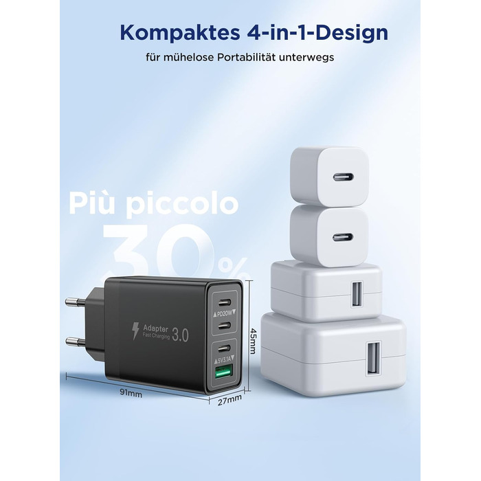 Мережевий адаптер Aioneus 40W з 4 портами USB-C та USB-A (1 шт, чорний)