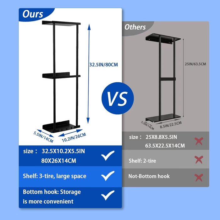 Bathroom Towel Rack Wall Mounted Towel Holder No Drilling 3-Tier Bathroom Towel Rack with Metal and 3 Hooks Bathroom Towel Storage Shelf 80 x 26 x 14 cm (black)