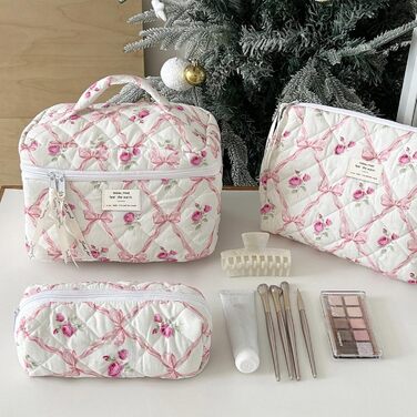 Набір 3 косметичні сумки для подорожей: дамська культбагаж з квітковим візерунком, степенена модель, для макіяжу та косметики, рожевий колір з діамантовою стрічкою