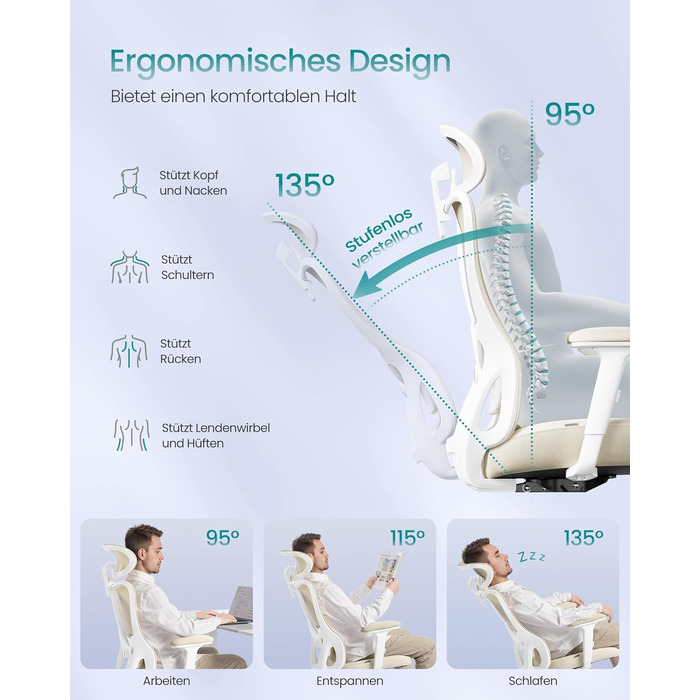 Офісне крісло SONGMICS з ергономічною підтримкою спини, регульована поперекова та підголовна підтримка, до 150 кг, регульована висота, пісочно-бежевий (OBN066BH01)