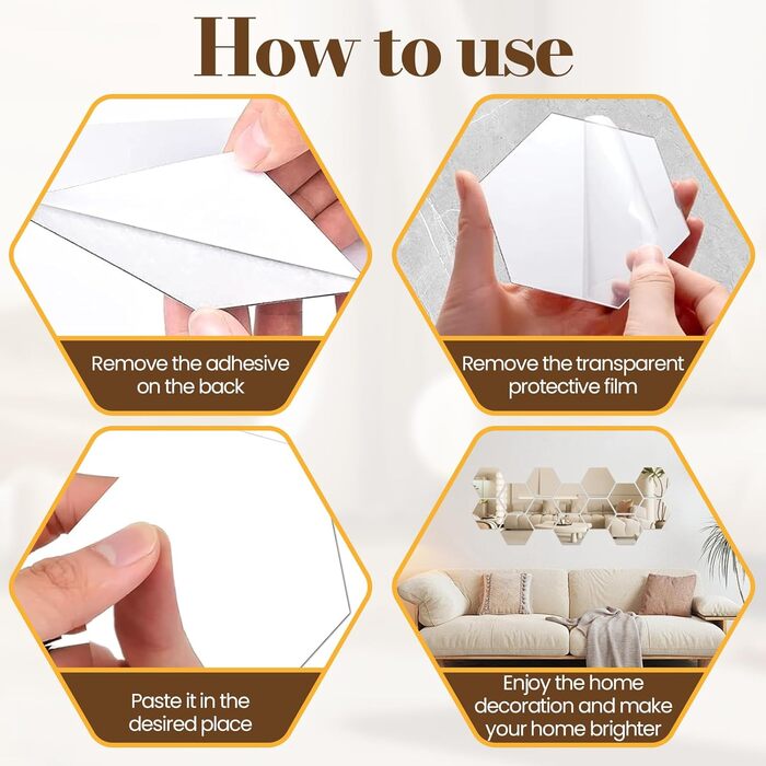 24 шт. Дзеркальні наліпки-плитки, шестикутні, самоклеючі. Дзеркало для стін, акрилове, з клеєм. Фольга-дзеркало, акрил, шестикутник для декору стін вітальні, спальні, ванної кімнати