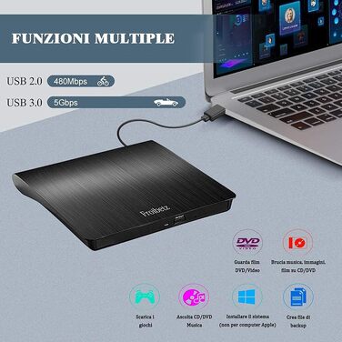 Зовнішній DVD-привід Antika USB 3.0: CD/DVD Brenner, записувач та зчитувач +/-RW для ноутбука та ПК (Windows, macOS, Linux), чорний