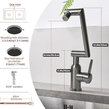 Кухонний змішувач Vorfenster з висувною насадкою, 1080° обертання, 2 режими, нержавіюча сталь, для кухні/ванної кімнати