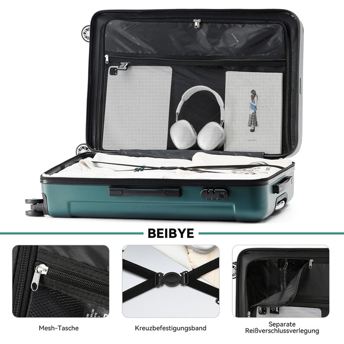 Набір валіз Beibye 2045 з двома колесами, 3 шт., для подорожей, жорсткий корпус, 20 кольорів (темно-зелений)