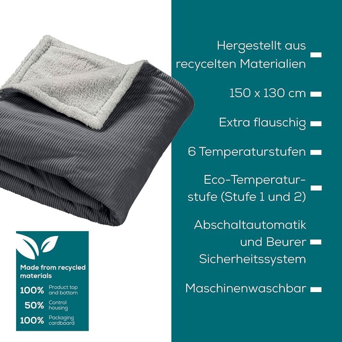 Електрична ковдра Beurer HD 75 з перероблених матеріалів, 180x130 см, 6 температурних режимів, автоматичне вимкнення, Cord Dark Grey